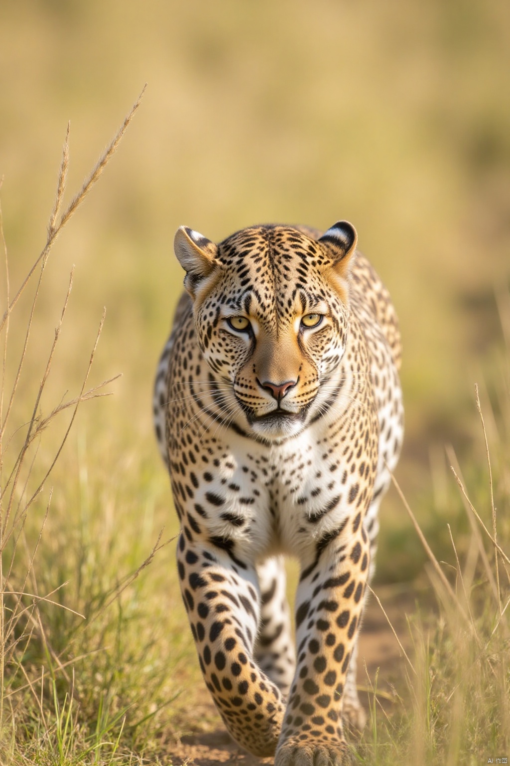 Captured at eye-level on a sunny day, a leopard stands in a field of tall grass. The leopard's fur is a mix of brown and black spots, and its eyes are a piercing yellow. The background of the leopard is blurred, and the grass is a blend of green and brown, and there are a few wispy twigs in the background.