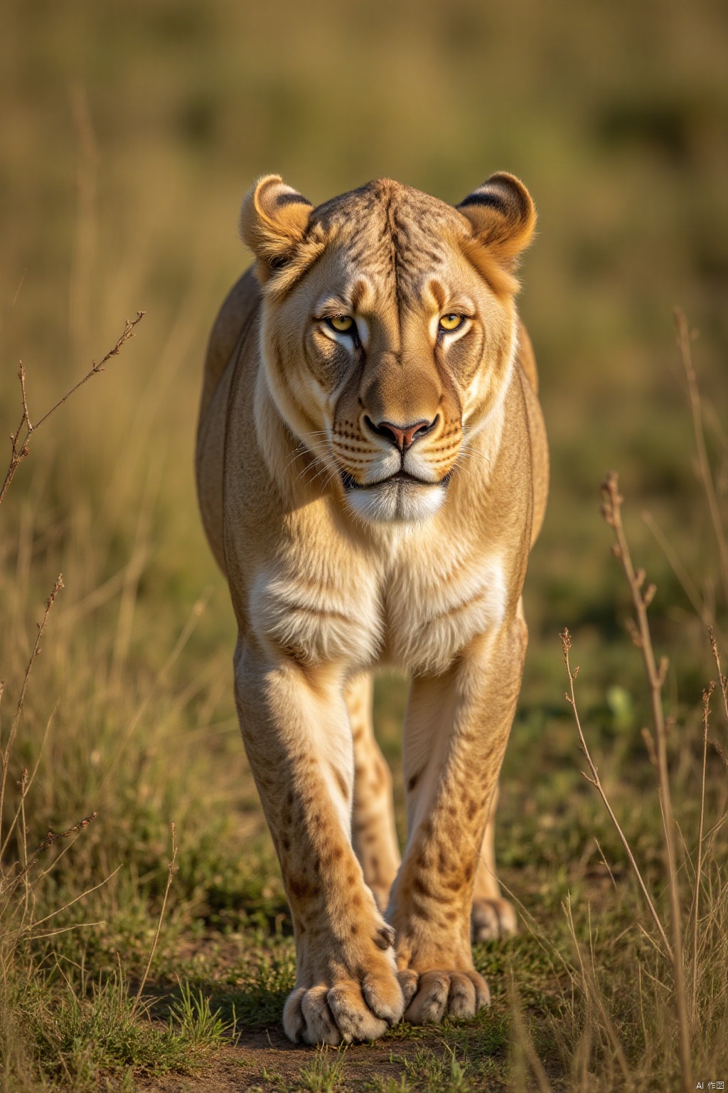 On a sunny day, a male lion stood on a high grassy field. The fur of a lion is transparent, and its eyes are dazzling yellow. The background is blurry, the grass is a mixture of green and brown, and there are some small branches in the background.