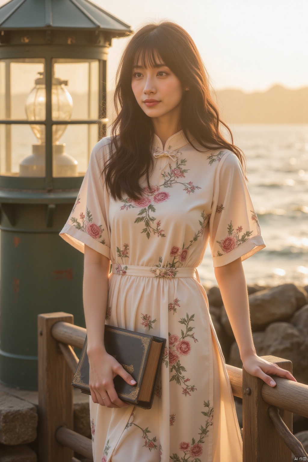 A stunning image of an Asian woman posing in front of a vintage lighthouse, her long hair blowing gently in the sea breeze. She wears a traditional Chinese cheongsam dress with intricate embroidery, its folds draping elegantly around her legs as she stands with one hand grasping the lantern's railing and the other holding a weathered journal. Warm golden light illuminates her features, casting a sense of nostalgia and adventure.