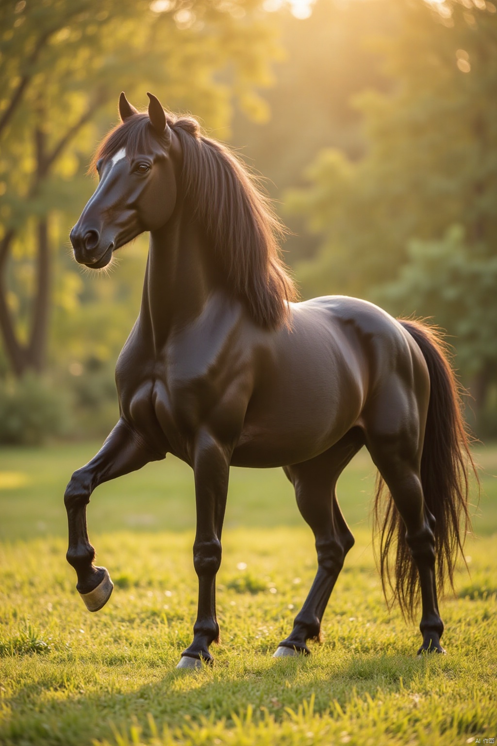 A majestic black stallion named 马(Mǎ) stands proudly in a lush green meadow, its shiny coat glistening in the warm sunlight. The camera frames Mǎ's powerful physique as it rears up on its hind legs, mane flowing in the gentle breeze. The sun casts a warm glow on the scene, with a subtle gradient of shadows beneath Mǎ's body, highlighting its muscles.