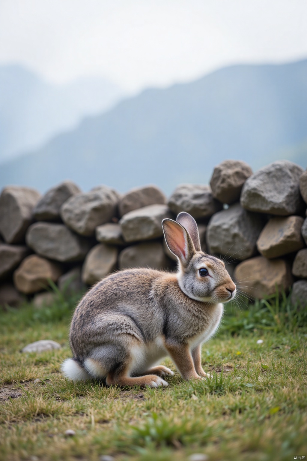 On a cloudy day, a gray rabbit crouched on a grassy hillside, at eye level. The rabbit faces the left side of the screen and turns its head slightly to the right. Its corners protrude from the head, adding a touch of texture to the scene. Behind the rabbit, you can see a rock wall and a mountain range in the distance. The sky is light blue and no clouds can be seen. Blurred background, Tyndall effect