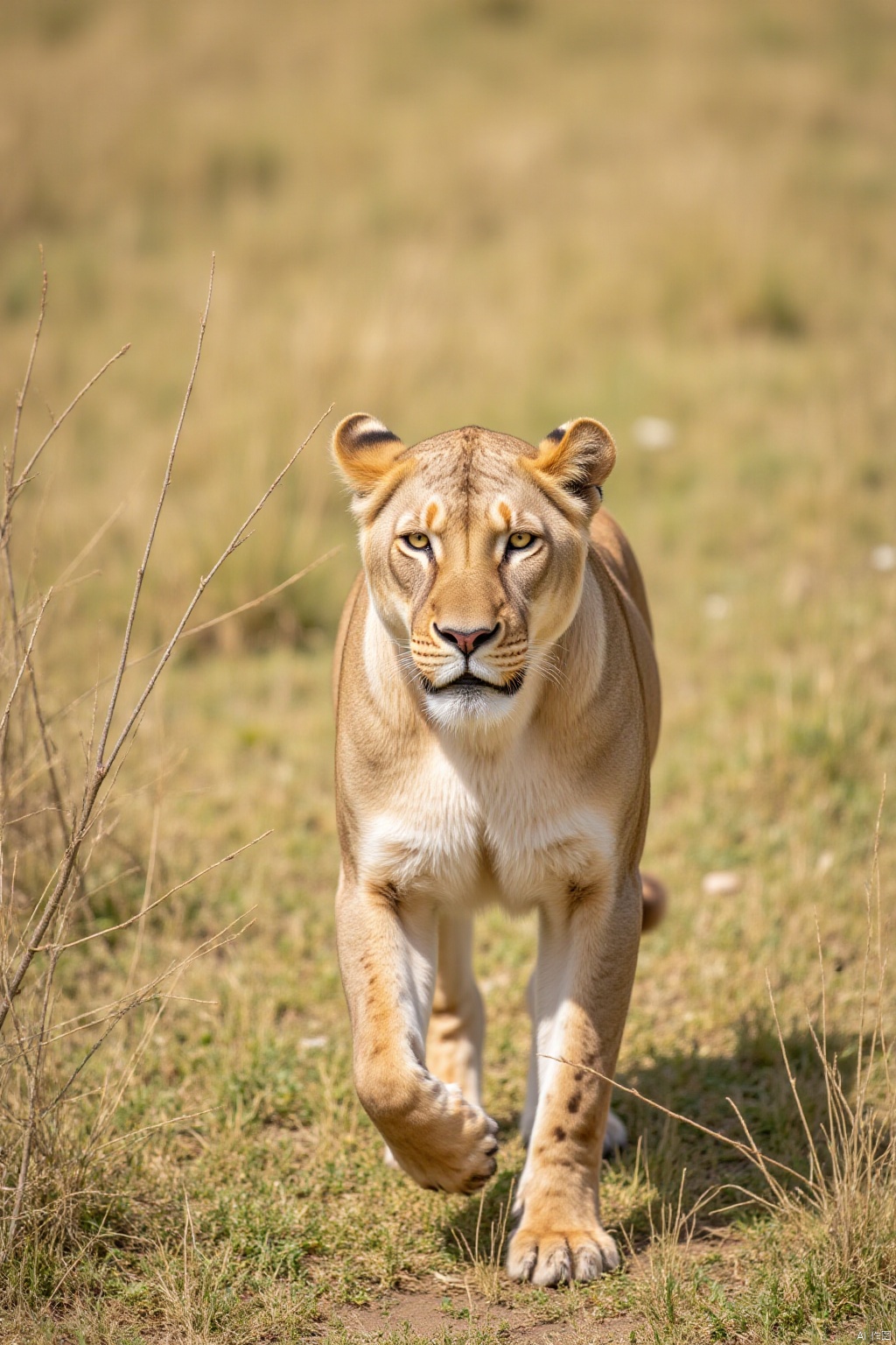 On a sunny day, a lion stood on a high grassy field. The lion's fur is clear, and its eyes are glaring yellow. The background is blurry, the grass is a mixture of green and brown, and there are some small branches in the background.