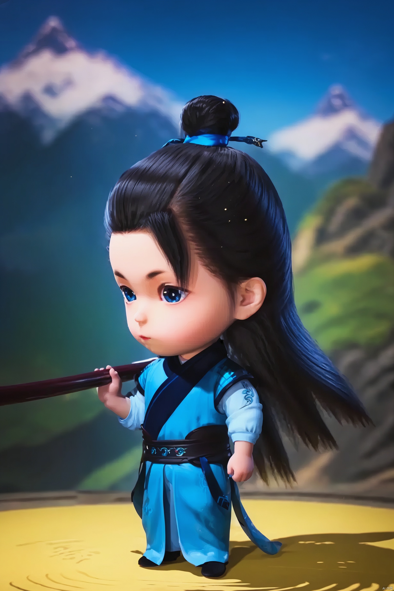 LCS, 1man, chibi, cute, little boy, high-definition realism, Blue eyes,Hanfu,Hairpin,belt,solo,Long hair,whole body,Black cloth shoes,wonderland mountain background