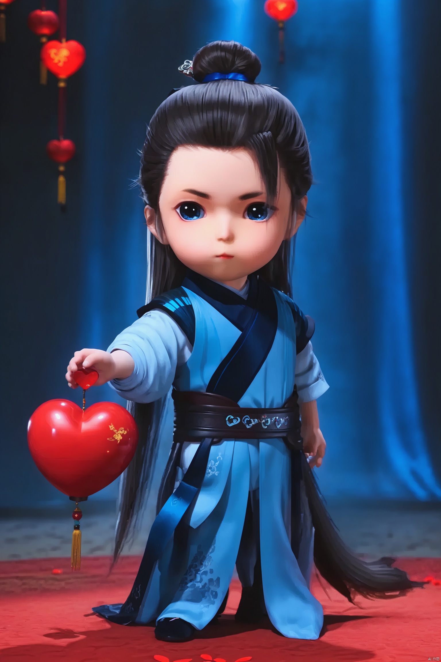 LCS, 1man, chibi, cute, little boy, high-definition realism, Blue eyes,Hanfu,Hairpin,belt,solo,Long hair,whole body,Black cloth shoes,high-definition realism, home, There is a huge red heart floating in my hand