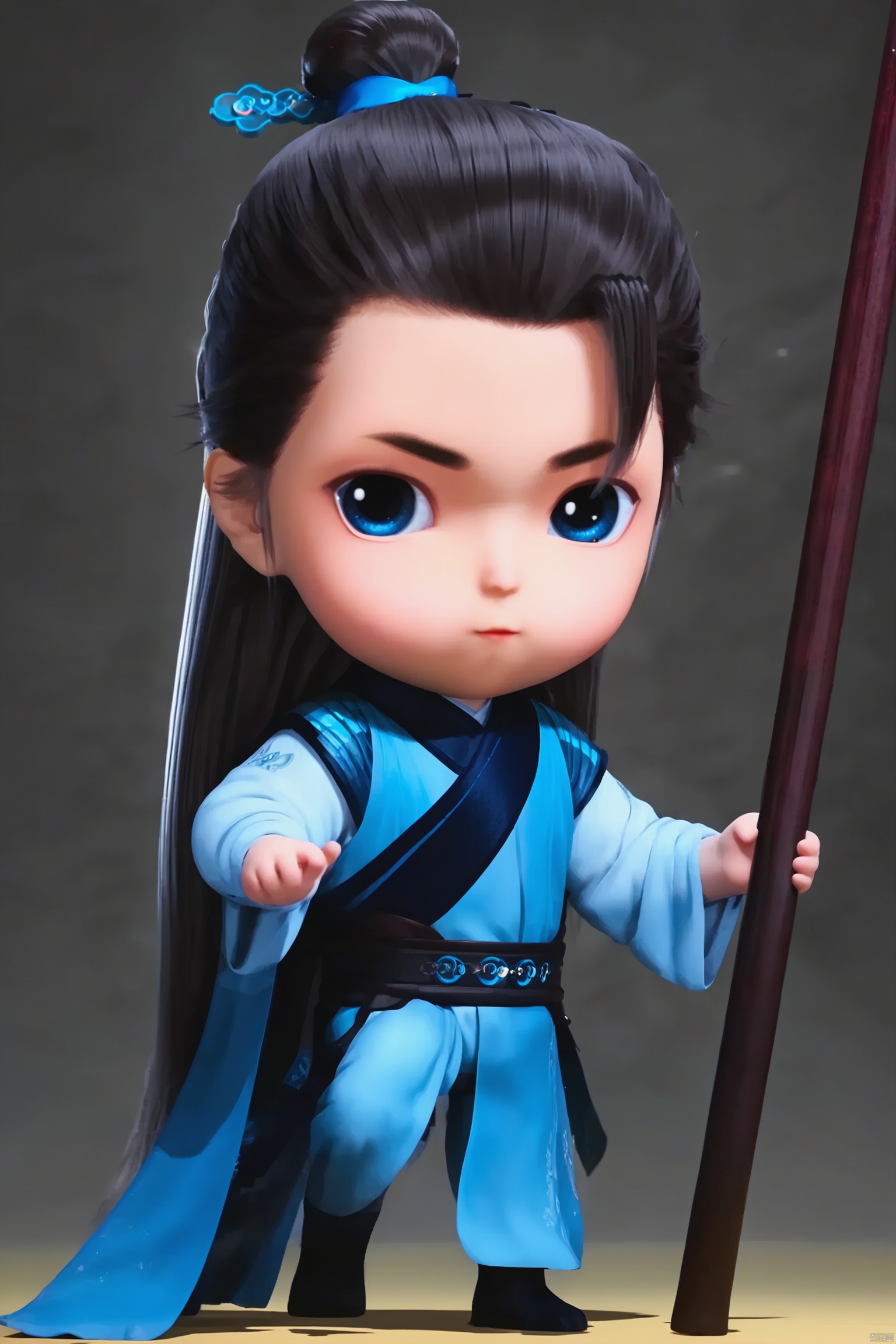 LCS, 1man, chibi, cute, little boy, high-definition realism, Blue eyes,Hanfu,belt,solo,Long hair,whole body,Black cloth shoes,weapon,full body,cape,standing,(masterpiece, top quality, best quality, official art, beautiful and aesthetic:1.2),Cute,Blind box,Best quality,soloPixar,Blind box,best quality,super cute,chibi,Cartoon IP,light and shadow,white background,red Skin,red Body,C4D rendering,Blender rendering,3D,home