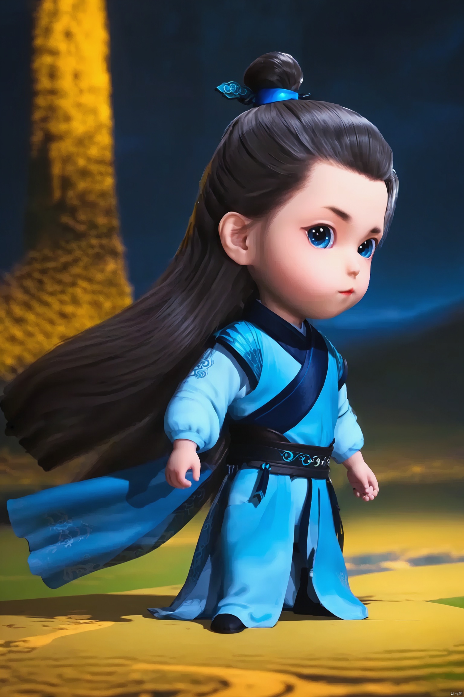 LCS, 1man, chibi, cute, little boy, high-definition realism, Blue eyes,Hanfu,Hairpin,belt,solo,Long hair,whole body,Black cloth shoes,wonderland mountain background