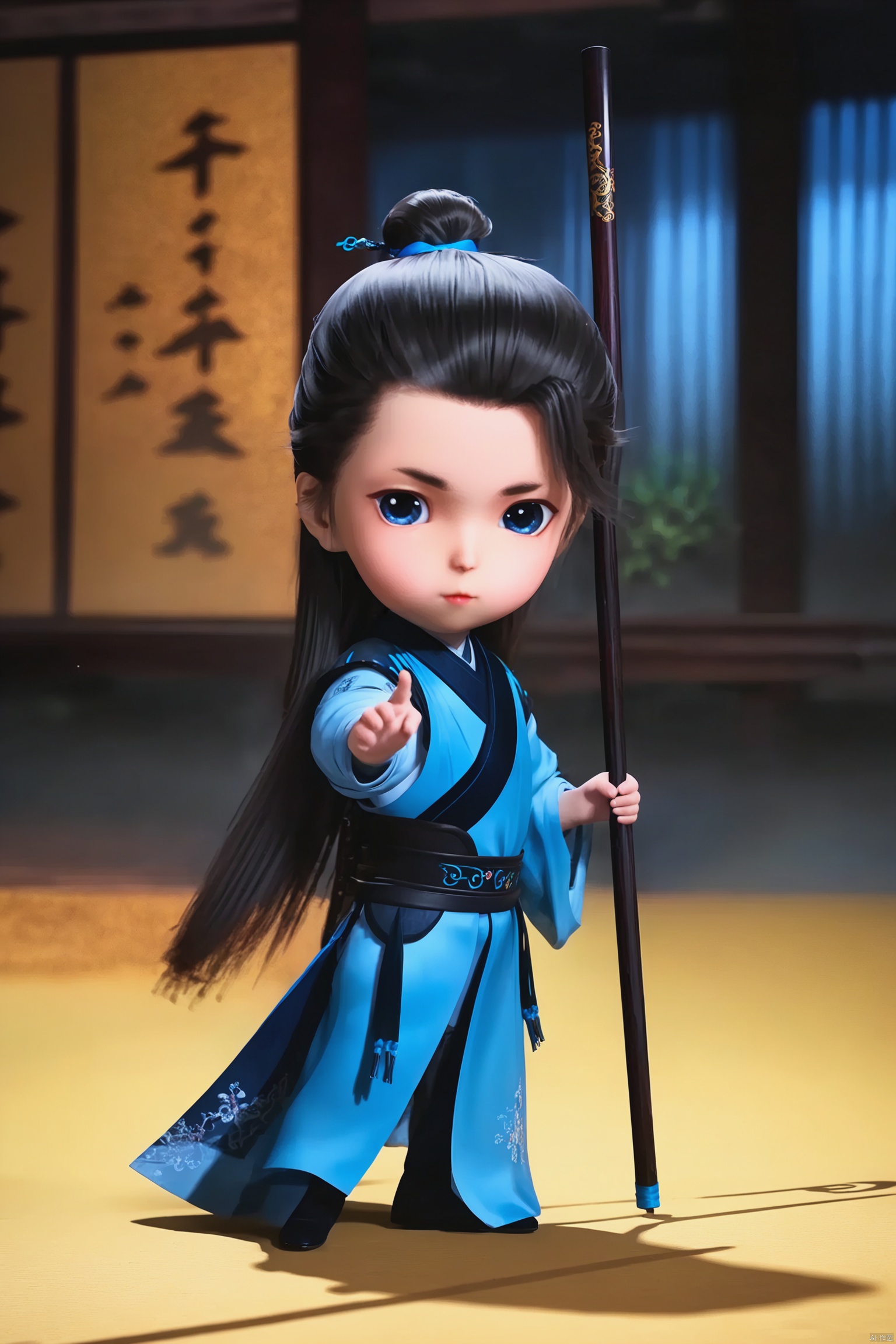 LCS, 1man, chibi, cute, little boy, high-definition realism, Blue eyes,black robe,Wide sleeves,Sleeve over wrist,Hanfu,Hairpin,belt,indoor,solo,Long sleeves,stand,Long hair,whole body,robe,Hanfu,Black cloth shoes,Composition from different angles,forehead mark,wanglin,Realistic photos fair skin, long legs, high heels, (skiing), (large amount of flying snow), snow mountain background,