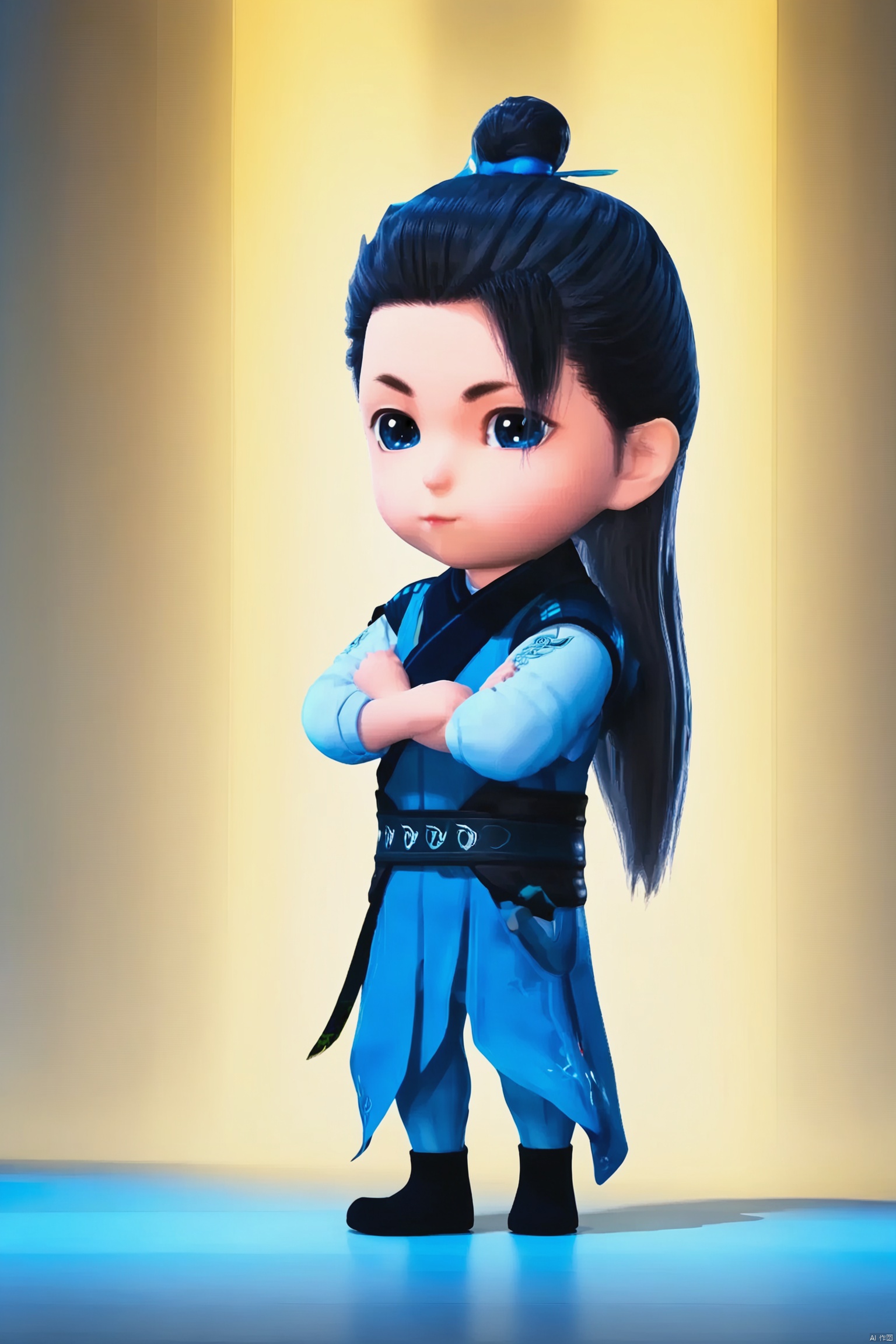 LCS solo long hair blue eyes black hair long sleeves chibi from side parody crossed arms