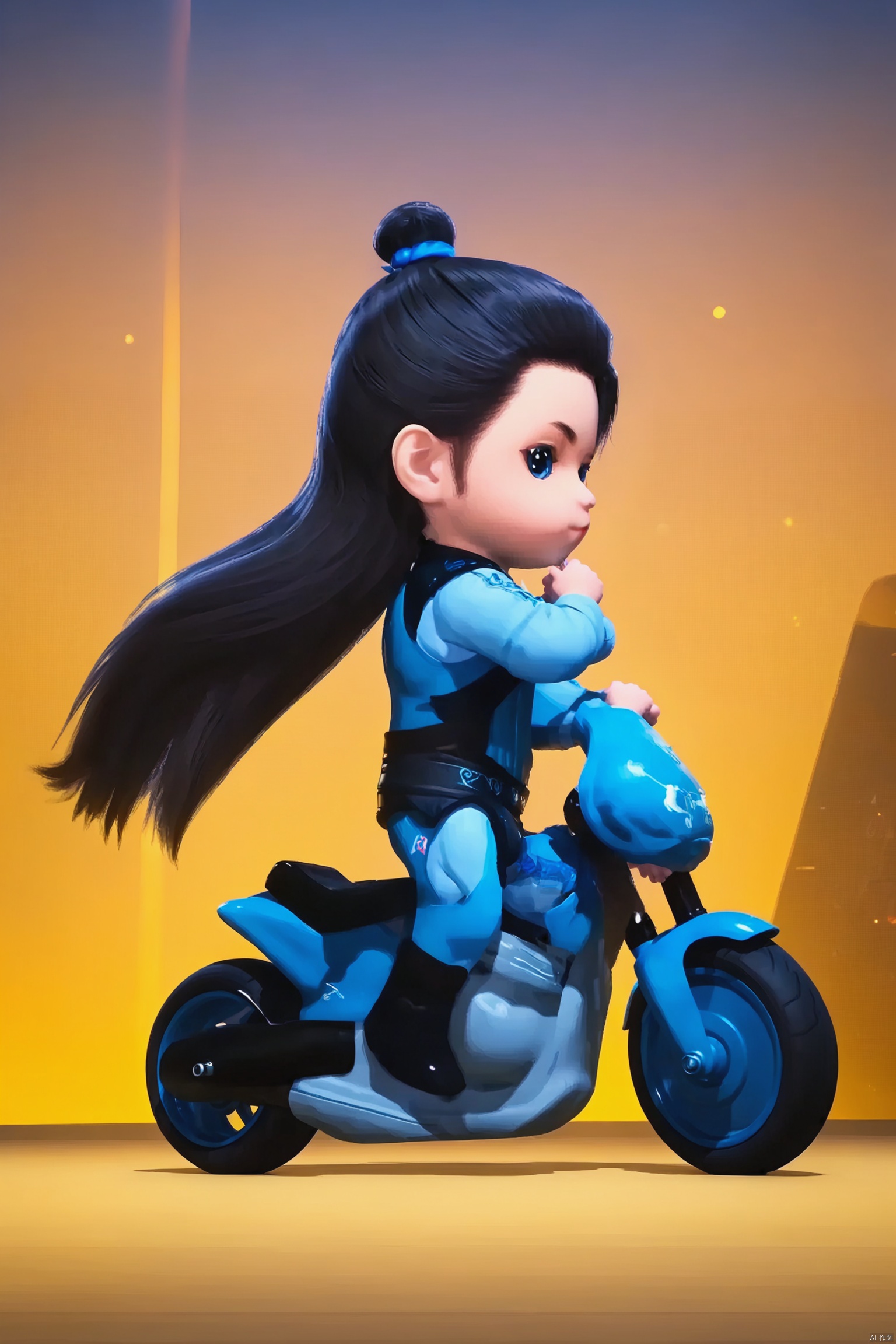 LCS solo long hair blue eyes black hair long sleeves chibi from side ,a cute motorcycle