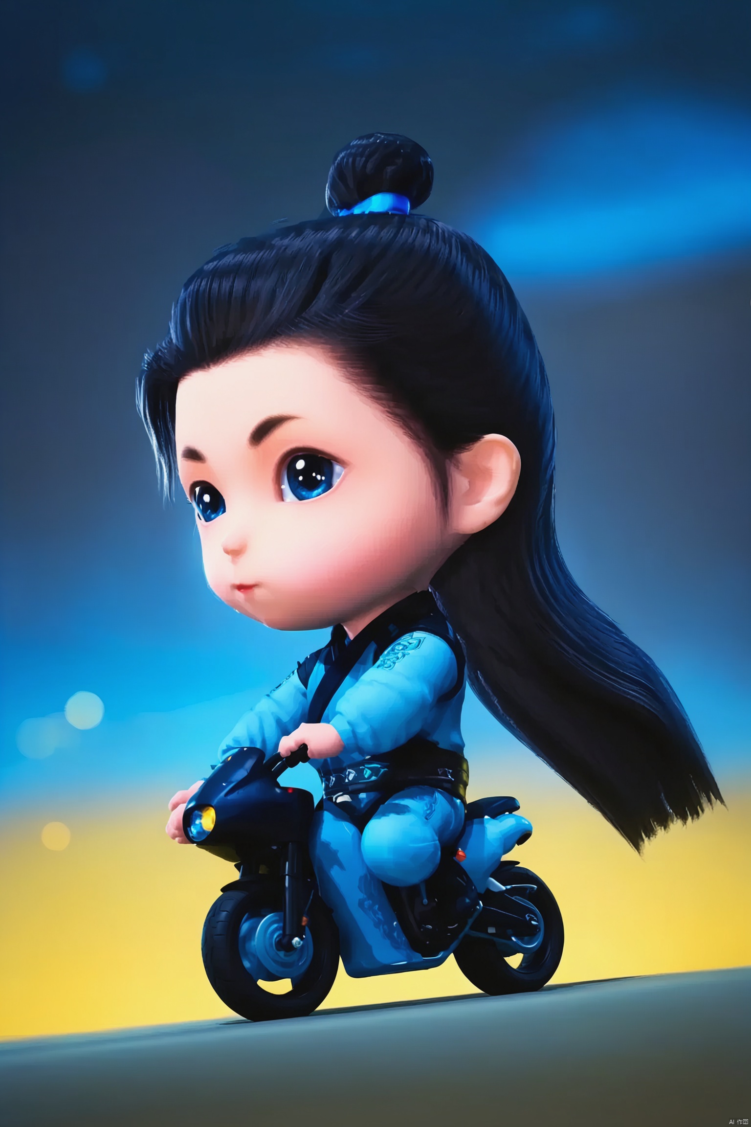 LCS solo long hair blue eyes black hair long sleeves chibi from side ,a cute motorcycle