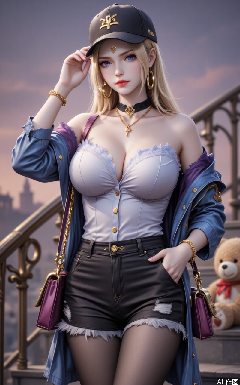 qianrenxue,blonde hair,blue eyes,long hair,fair_skin,jewelry,lvjing,1girl,jewelry,breasts,earrings,shorts,bag,pantyhose,large breasts,necklace,off shoulder,hat,choker,stuffed toy,stuffed animal,teddy bear,cleavage,solo,looking at viewer,jacket,bare shoulders,short shorts,stairs,see-through,handbag,bracelet,baseball cap,black shorts,hoop earrings,nipples,black pantyhose,shirt,denim shorts,collarbone,cutoffs,frills,black headwear,denim,white shirt,black choker, cover,simple background,gradient_background,Close-up details,outstanding style,adding a touch of dimension to your images without compromising details,close-up,lvjing,