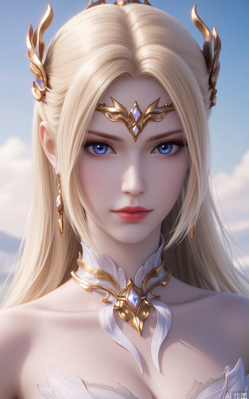 qianrenxue,1girl,blonde hair,blue eyes,forehead_jewel,long hair,1girl,blonde hair,blue eyes,solo,looking at viewer,bare shoulders,hair ornament,portrait,dress,sky,lips,white dress,detached collar,long hair,lvjing