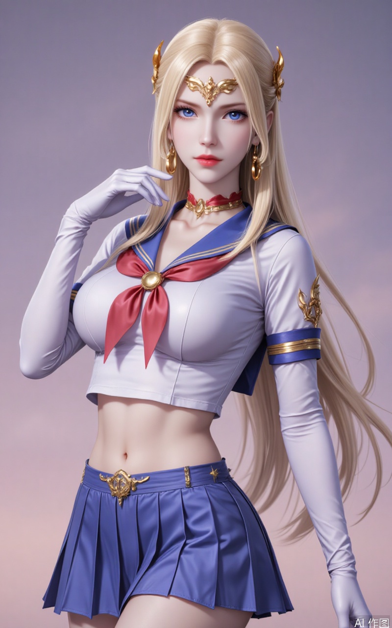 qianrenxue,blonde hair,blue eyes,long hair,fair_skin,jewelry,lvjing, 1girl,solo,skirt,sailor senshi uniform,blue sailor collar,jewelry,gloves,sailor collar,blue skirt,choker,white gloves,earrings,crescent earrings,pleated skirt,bow,magical girl,red bow,crescent,elbow gloves,red choker,covered navel,hair ornament,looking at viewer,collarbone,bowtie,circlet, cover,simple background,gradient_background,Close-up details,outstanding style,adding a touch of dimension to your images without compromising details,close-up,lvjing,