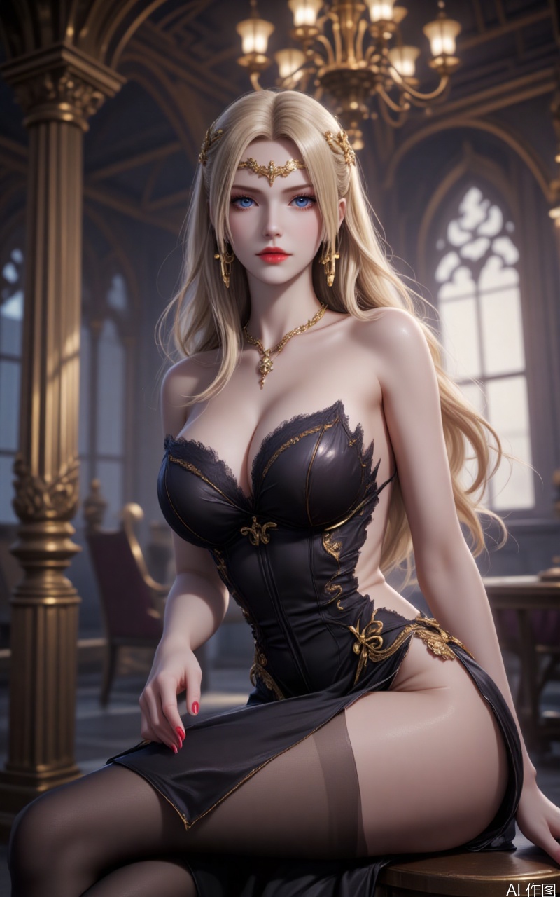 qianrenxue,blonde hair,blue eyes,long hair,fair_skin,jewelry,lvjing,1girl,breasts,solo,dress,pantyhose,indoors,sitting,jewelry,looking at viewer,earrings,strapless,black dress,cleavage,bare shoulders,red nails,strapless dress,bangs,chandelier,window,covered navel,black pantyhose,nail polish,stool,bare arms,medium breasts,red lips,alternate costume,feet out of frame,large breasts,parted lips,side slit, cover,simple background,gradient background,close-up details,outstanding style,adding a touch of dimension to your images without compromising details,close-up,lvjing,