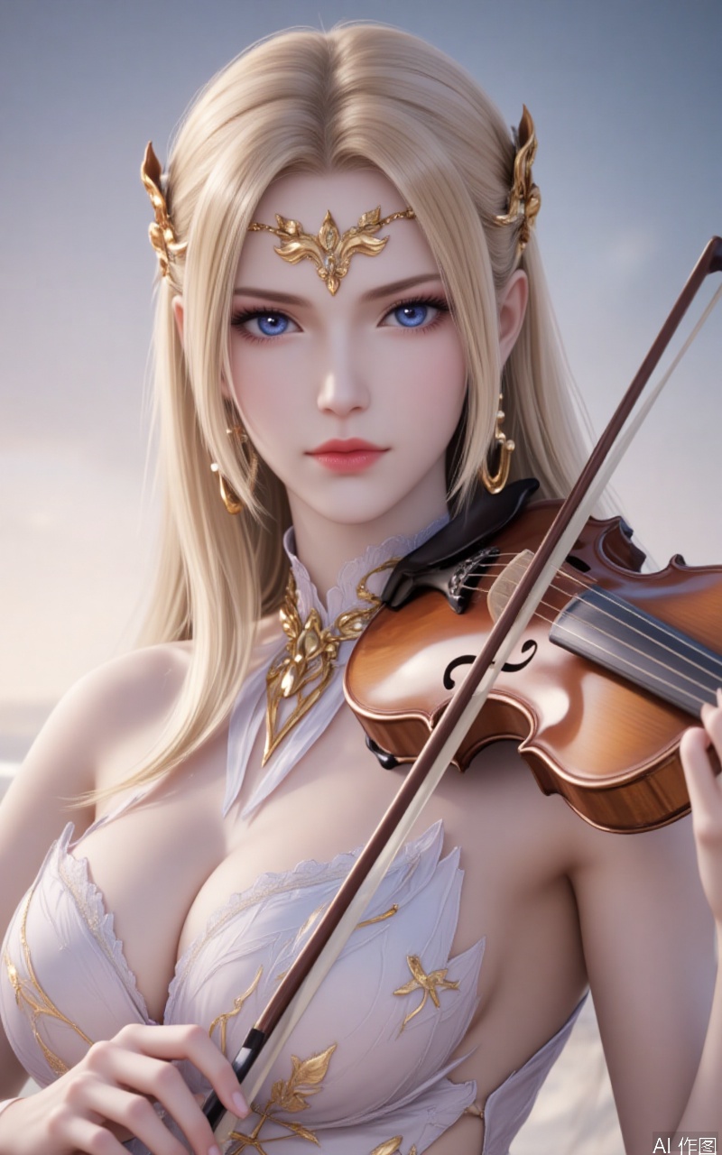 qianrenxue,blonde hair,blue eyes,long hair,fair_skin,jewelry,lvjing, 1girl,dress,violin,instrument,solo,white dress,breasts,jewelry,earrings,holding,looking at viewer,cleavage,copyright name,playing instrument,holding instrument,bare shoulders,bow (music),music,sleeveless,closed mouth,see-through,sleeveless dress, cover,simple background,gradient_background,Close-up details,outstanding style,adding a touch of dimension to your images without compromising details,close-up,lvjing,