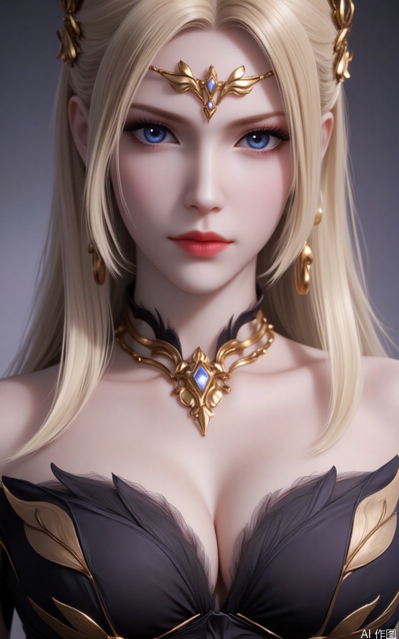 qianrenxue,blonde hair,blue eyes,long hair,fair_skin,jewelry,lvjing,1girl,jewelry,solo,earrings,necklace,looking at viewer,breasts,parted lips,cleavage,collarbone,upper body,dress,medium breasts,off shoulder,black dress,lips, cover,simple background,gradient_background,Close-up details,outstanding style,adding a touch of dimension to your images without compromising details,close-up,lvjing