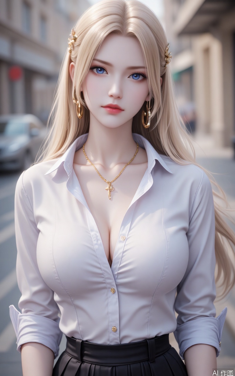 qianrenxue,blonde hair,blue eyes,long hair,fair_skin,jewelry,lvjing,1girl,breasts,jewelry,solo,cleavage,shirt,earrings,large breasts,looking at viewer,necklace,white shirt,blurry background,black skirt,collared shirt,parted lips,blurry,skirt,sleeves rolled up,shirt tucked in,collarbone,upper body,outdoors,lips,artist name,partially unbuttoned,signature,no bra, cover,simple background,gradient_background,Close-up details,outstanding style,adding a touch of dimension to your images without compromising details,close-up,lvjing,