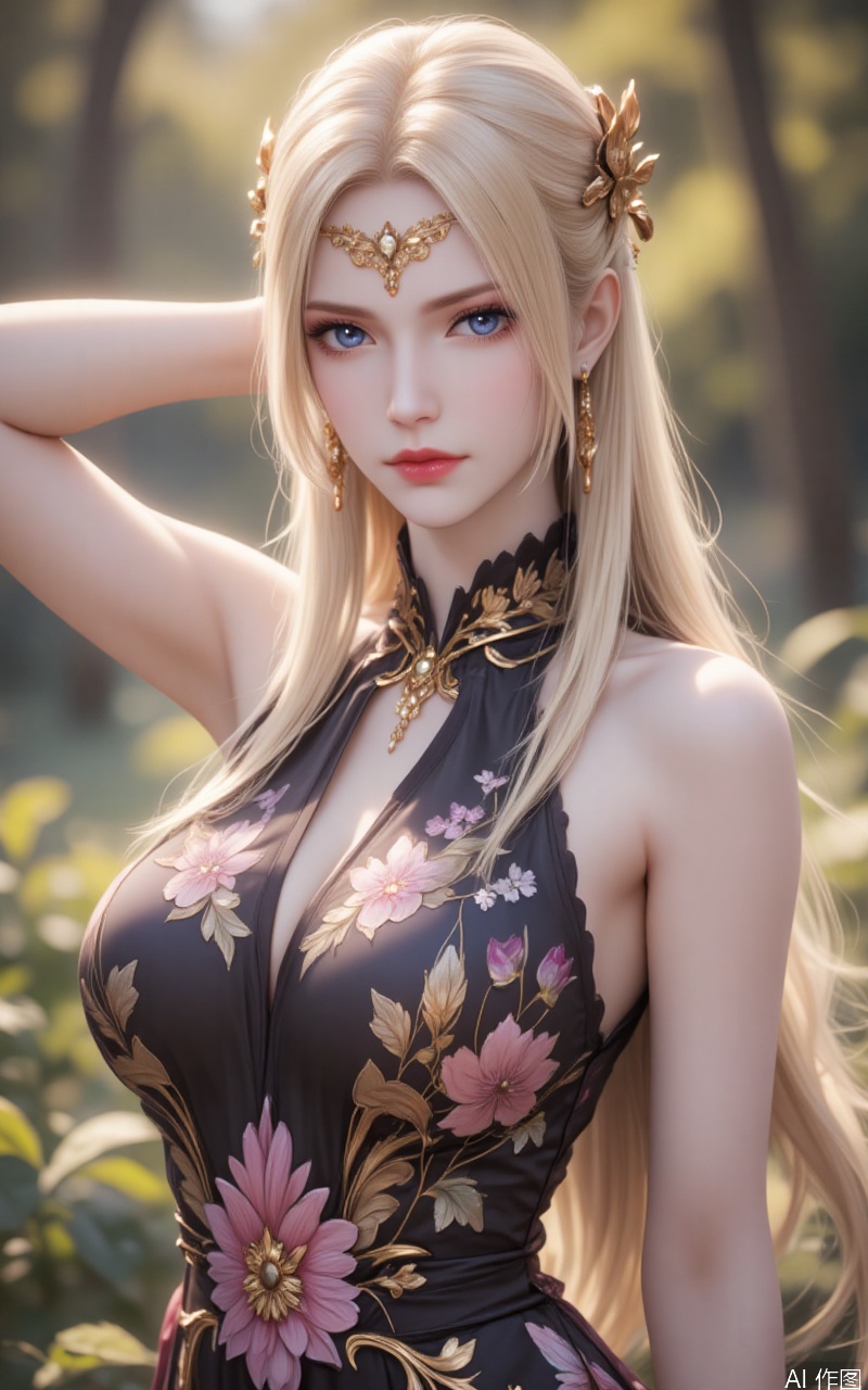 qianrenxue,blonde hair,blue eyes,long hair,fair_skin,jewelry,lvjing, 1girl,solo,dress,black dress,sleeveless,chinese clothes,china dress,sleeveless dress,breasts,blurry,lips,bare shoulders,floral print,blurry background,bare arms,arm up,border,cowboy shot,looking at viewer,sunlight,standing,medium breasts,print dress,hand in own hair,cover,simple background,gradient background,close-up details,outstanding style,(baoshi),adding a touch of dimension to your images without compromising details,close-up,