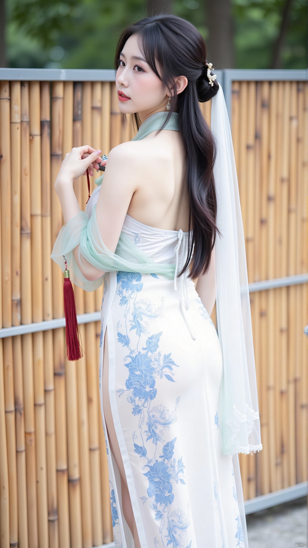 The photo shows a young woman standing in front of a bamboo fence. She is wearing a long flowing white dress with a blue and white floral pattern. The dress has a high neckline and long sleeves. She has long black hair with a loose wavy hairstyle and is holding a sword with a red tassel hanging from the hilt. The woman is looking to the side with a serious expression on her face. The background is blurry but looks like a garden or park with trees and greenery.