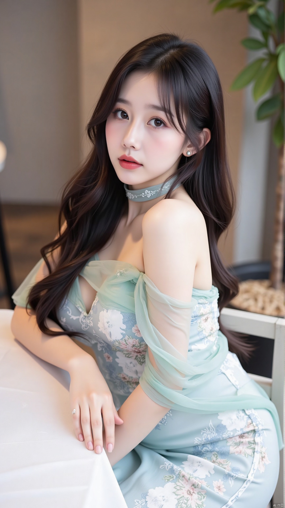 The image is a portrait of a young woman sitting at a table in a restaurant. She is wearing a light blue dress with a floral pattern and a choker necklace. Her long dark hair is styled in loose waves and she is looking directly at the camera with a serious expression. The table is covered with a white tablecloth and there is a potted plant in the background. The overall mood of the image is elegant and sophisticated.