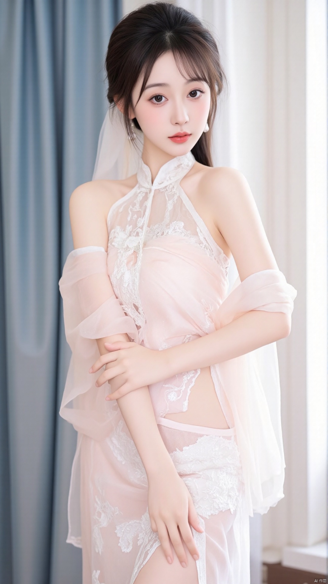 The image is a portrait of a young woman wearing a traditional Chinese dress. The dress is a light pink color with intricate white lace detailing on the bodice and skirt. The neckline is halter-necked and the dress has a high slit on the side. The woman is standing in front of a window with blue curtains, and she is posing with one hand on her hip and the other resting on her thigh. She has long dark hair styled in loose waves and is looking directly at the camera with a serious expression. The overall mood of the image is elegant and sophisticated.