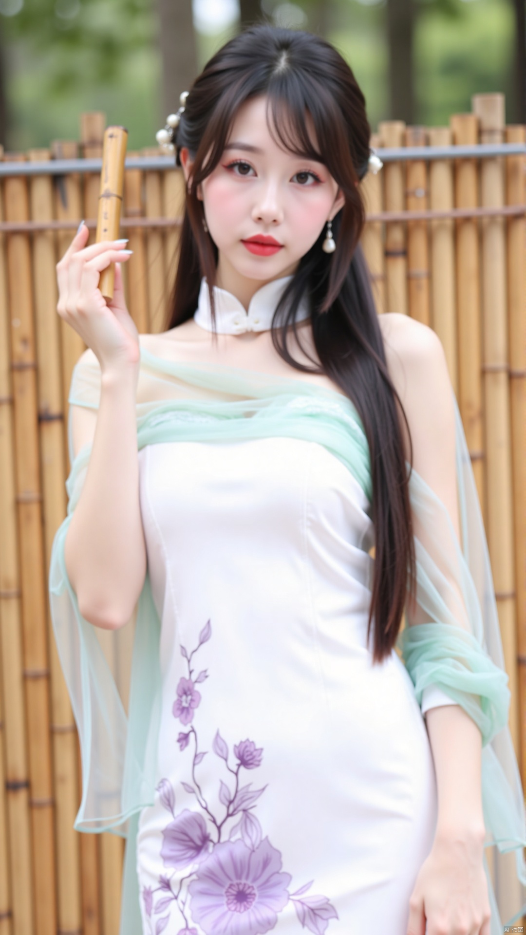 The image shows a young woman standing in front of a bamboo fence. She is wearing a traditional Chinese dress with a white and purple floral pattern. The dress has a high neckline and long sleeves, and she is holding a bamboo stick in her right hand. She has long dark hair styled in loose waves and is wearing red lipstick. The background is blurred, but it appears to be an outdoor setting with trees and greenery. The overall mood of the image is elegant and graceful.