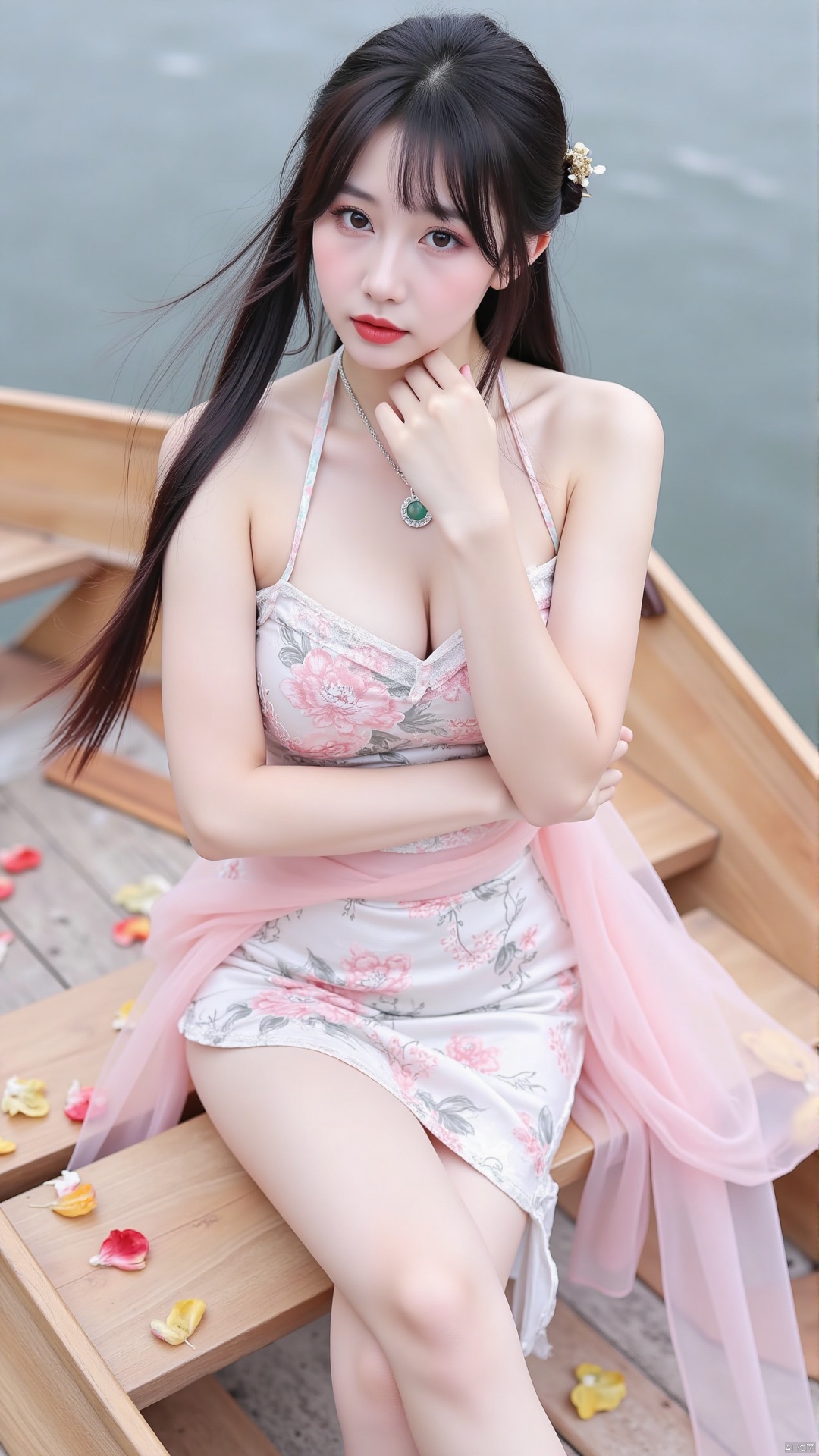 The picture is a portrait of a young woman sitting on a wooden boat. She is wearing a pink dress with a floral pattern, wearing a necklace, and her long black hair is designed in a loose wavy shape. She looks straight at the camera with a serious expression. The boat is scattered with various petals, and the background is the West Lake. The overall artistic conception of the picture is elegant and exquisite.
