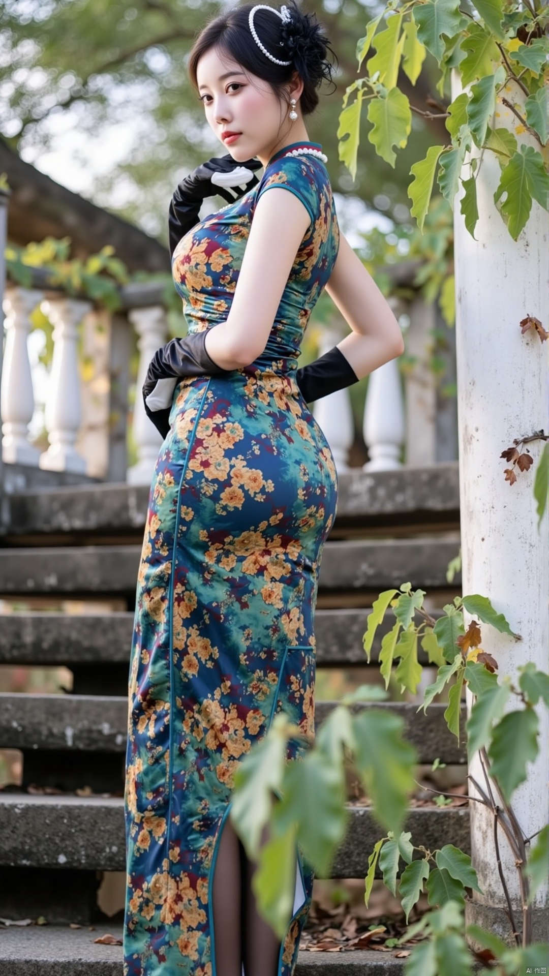 The image shows a young woman posing on a set of stairs. She is wearing a long,  flowing dress with a floral pattern in sh...