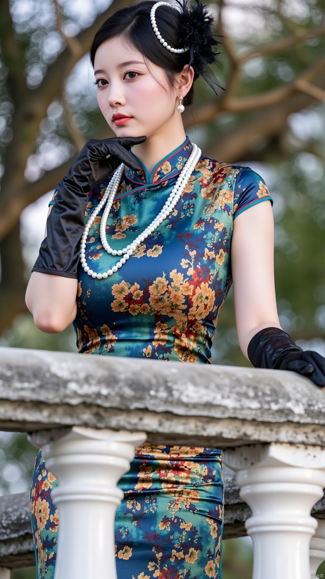 The image shows a young woman standing on a balcony with a tree in the background. She is wearing a traditional Chinese dr...
