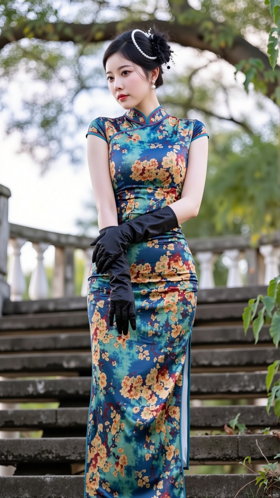 The image shows a young woman standing on a set of stairs in a garden. She is wearing a long,  flowing dress with a floral...