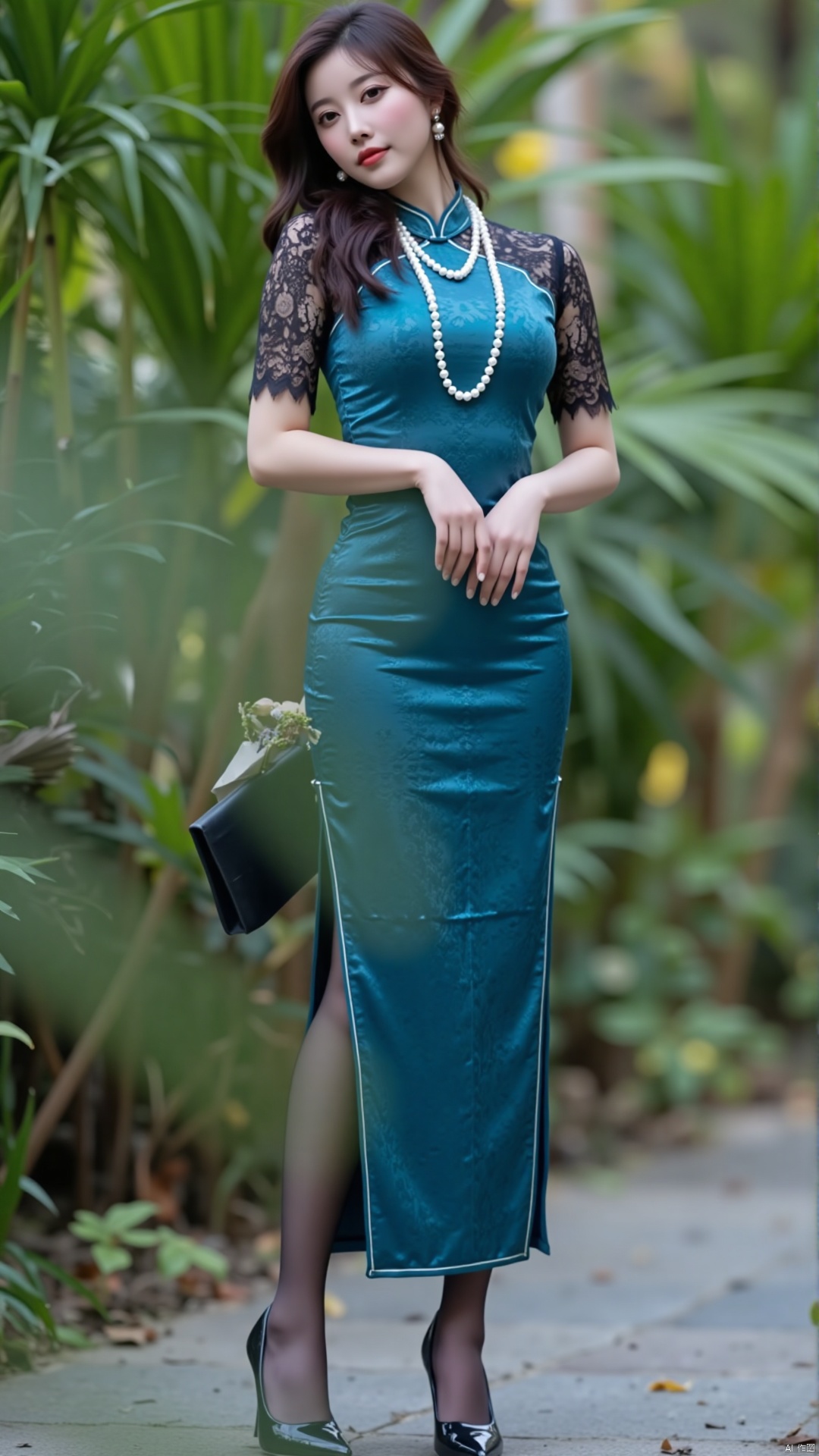 The image shows a young woman posing in a tropical garden. She is wearing a long,  flowing blue dress with black lace slee...