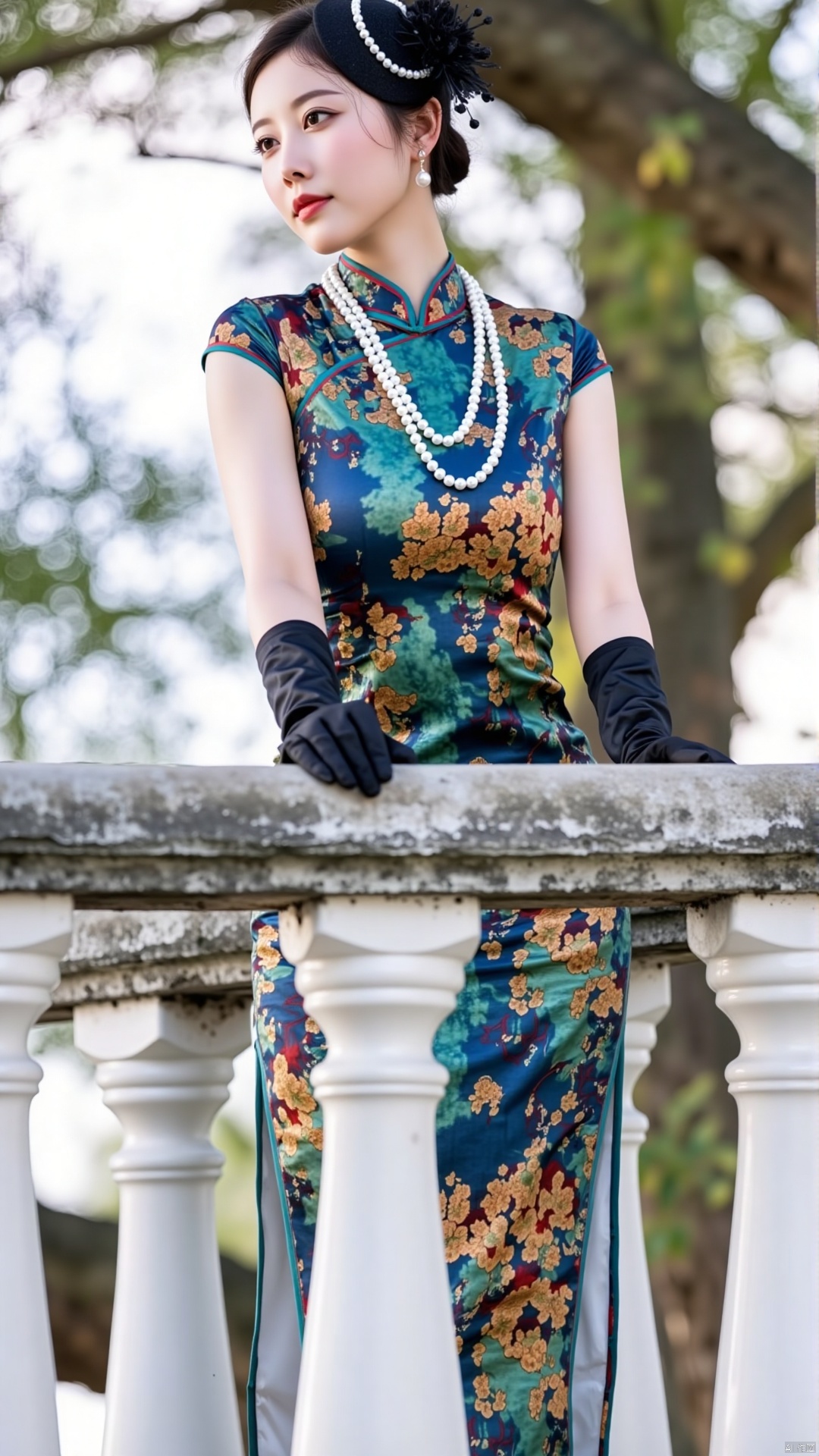 The image shows a young woman standing on a white railing with a tree in the background. She is wearing a traditional Chin...