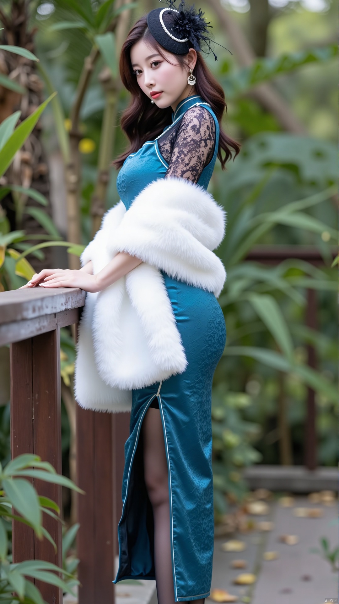 The image shows a young woman posing in a garden. She is wearing a blue dress with a white fur stole draped over her shoul...