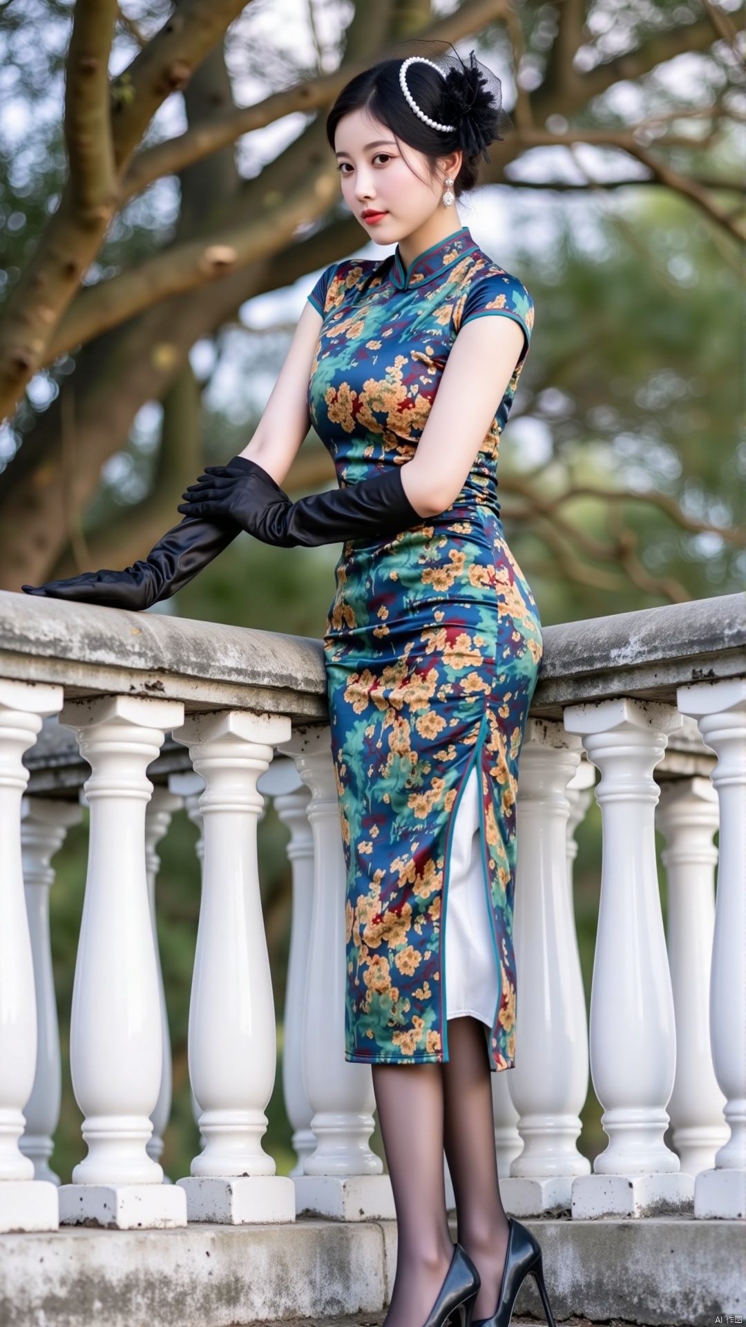 The image shows a young woman posing on a white railing with a tree in the background. She is wearing a blue floral dress...