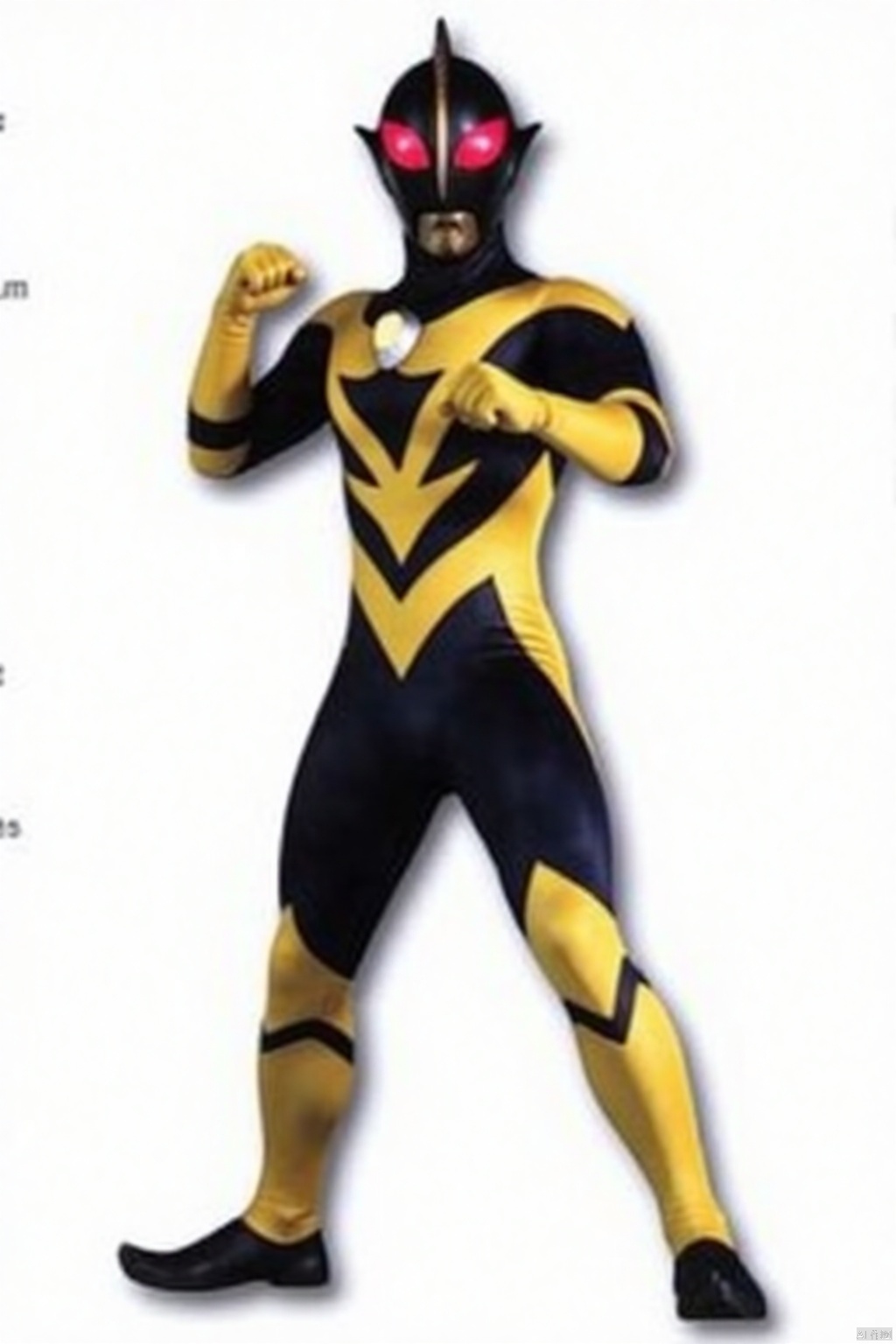 ultraman,black bodysuit,yellow gloves,legwear,gloves,boots,cover,mask,plugsuit,armor,bodysuit,yellow pattern on body,black tight-fitting,black footwear,helmet,leather suit,latex,tokusatsu,no humans,science fiction,black head,hard mask,no smile,no eyes,no nose,solo,black rubber bodysuit with yellow line