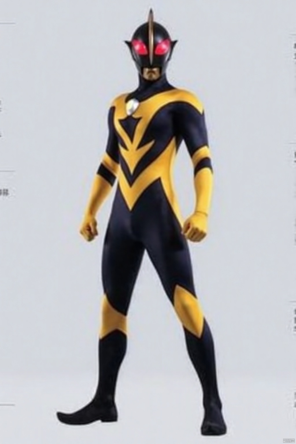 ultraman,black bodysuit,yellow gloves,legwear,gloves,boots,cover,mask,plugsuit,armor,bodysuit,yellow pattern on body,black tight-fitting,black footwear,helmet,leather suit,latex,tokusatsu,no humans,science fiction,black head,hard mask,no smile,no eyes,no nose,solo,black rubber bodysuit with yellow line