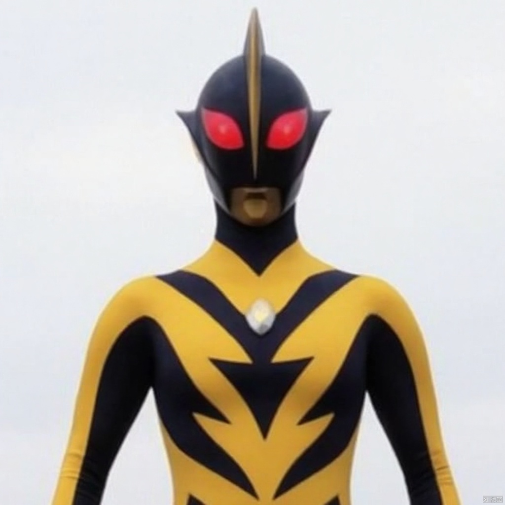 ultraman,black bodysuit,yellow gloves,legwear,gloves,boots,cover,mask,plugsuit,armor,bodysuit,yellow pattern on body,black tight-fitting,black footwear,helmet,leather suit,latex,tokusatsu,no humans,science fiction,black head,hard mask,no smile,no eyes,no nose,solo,black rubber bodysuit with yellow line
