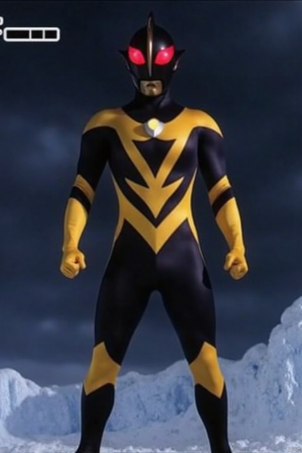 ultraman,black bodysuit,yellow gloves,legwear,gloves,boots,cover,mask,plugsuit,armor,bodysuit,yellow pattern on body,black tight-fitting,black footwear,helmet,leather suit,latex,tokusatsu,no humans,science fiction,black head,hard mask,no smile,no eyes,no nose,solo,black rubber bodysuit with yellow line