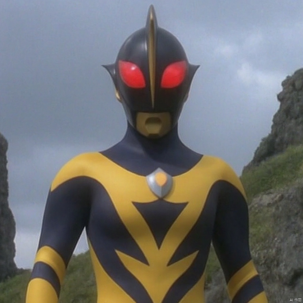 ultraman,black bodysuit,yellow gloves,legwear,gloves,boots,cover,mask,plugsuit,armor,bodysuit,yellow pattern on body,black tight-fitting,black footwear,helmet,leather suit,latex,tokusatsu,no humans,science fiction,black head,hard mask,no smile,no eyes,no nose,solo,black rubber bodysuit with yellow line