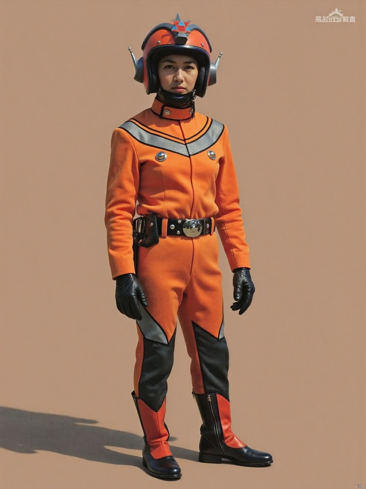tac,helmet,orange pants,orange jacket,collar,belt,logo,uniform,jacket,gloves,boots,emblem,pants,black gloves,black footwear,orange jacket with grey line
