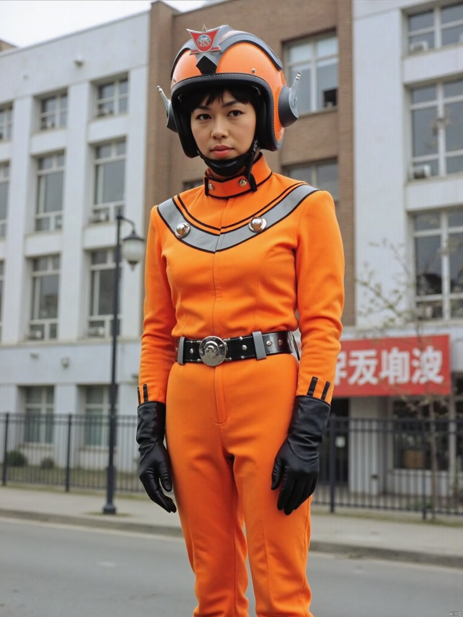 tac,helmet,orange pants,orange jacket,collar,belt,logo,uniform,jacket,gloves,boots,emblem,pants,black gloves,black footwear,orange jacket with grey line
