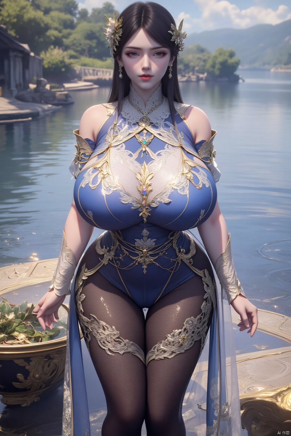 standing, Lakeside scenery,
1girl, solo, long hair, black hair, brown eyes,  curvy, mature female,Tall and slim,have a slender figure,Hair tied up, 
blue and white porcelain long cheongsams,There are white patterns on the clothes on the chest,There are jewels on the clothes on the chest,
Black Pantyhose, There are white patterns on the pantyhose,
wedding ring,lace long gloves,white lace trim,
jewelry,flower on head,dress flower,crown hair ornament,hair ornament,
Thick Pantyhose,
(huge breasts:4.0),
(full breasts:3.7),