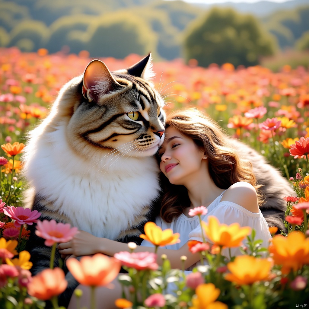 Huge animals and beautiful women, giant cute cat, side view, with a beautiful woman nestled next to it, in the beautiful sea of ​​flowers, emphasizing the warm atmosphere of harmonious coexistence between humans and animals.
