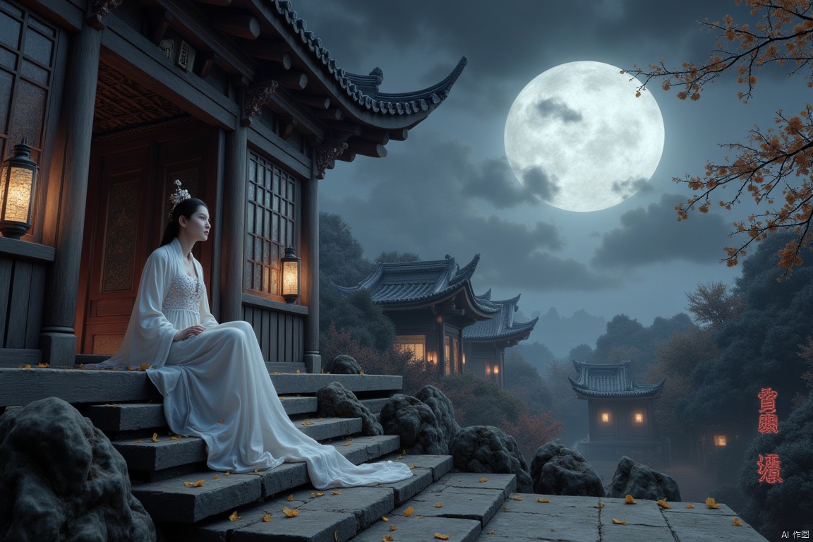 SS , a chinese female ,30years old, sitting at steps of door, looking at moon in the sky, black eyes,wearing hanfu,gloom (expression) ,from below,detailed face,chinese ancient house background,petals and leaves on ground,cool tone,night, ethereal atmosphere, evocative hues, captivating coloration, dramatic lighting, enchanting aura, masterpiece, best quality, epic cinematic, soft nature lights, rim light, amazing, hyper detailed, ultra realistic, soft colors, photorealistic, Ray tracing, Cinematic Light, light source contrast,black and white ink painting , traditional chinese ink painting,willow branches,willow tree in background, ananmo