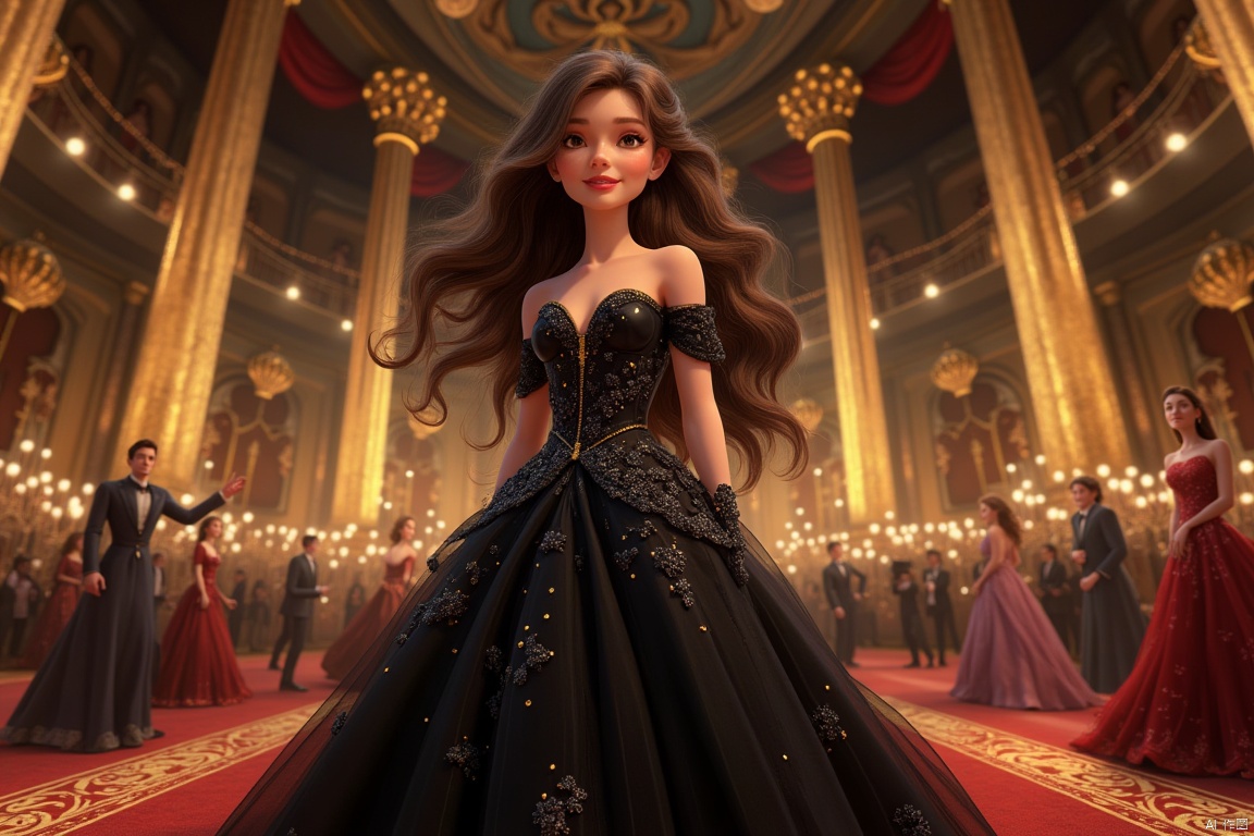 SS ,1girl,full body,long hair,smile,black evening dress,bright environment,indoor,pixar, masterpiece,best quality,HD,8K,8k wallpaper,extreme detail,crazy details,