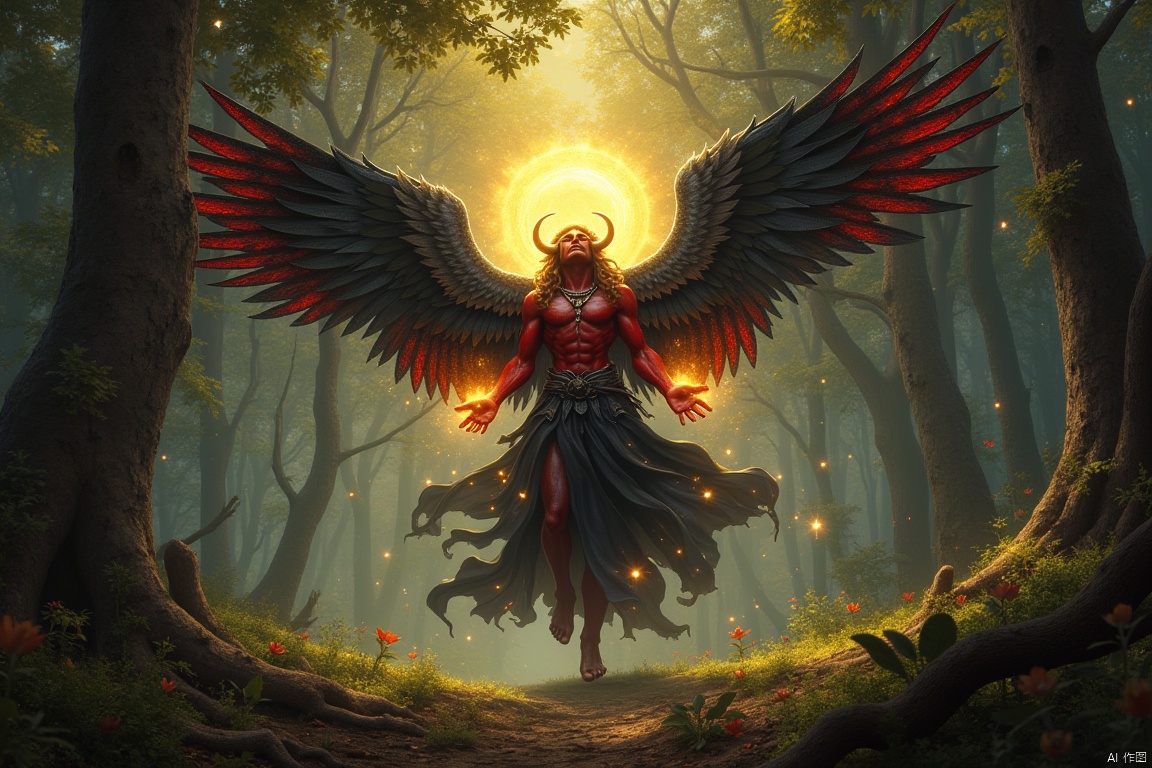  SS, In the sacred forest caressed by soft radiance, once a domain of dark forces, it has now been transformed by a mysterious and powerful purifying energy. The protagonist here is no longer the legendary fallen angel Satan, but an existence that has undergone a profound transformation—a redeemed spirit. His iconic red skin now glows with a gentle golden light, as if every pore emanates the pure radiance born from repentance. His black wings, once symbols of fear and destruction, now shimmer with silver edges like the dawn, each feather bearing the weight of countless forgiven souls. Satan's eyes have become deep and luminous, like the brightest stars in a tranquil night sky, filled with wisdom, peace, and an understanding of rebirth. He is surrounded by a soft halo and twinkling stars, which symbolize hope and renewal; every flicker seems to convey warm blessings for the future. He glides gracefully among ancient trees, each step accompanied by the harmonious sound of bells, embarking on a sacred journey of redemption across this blessed land.