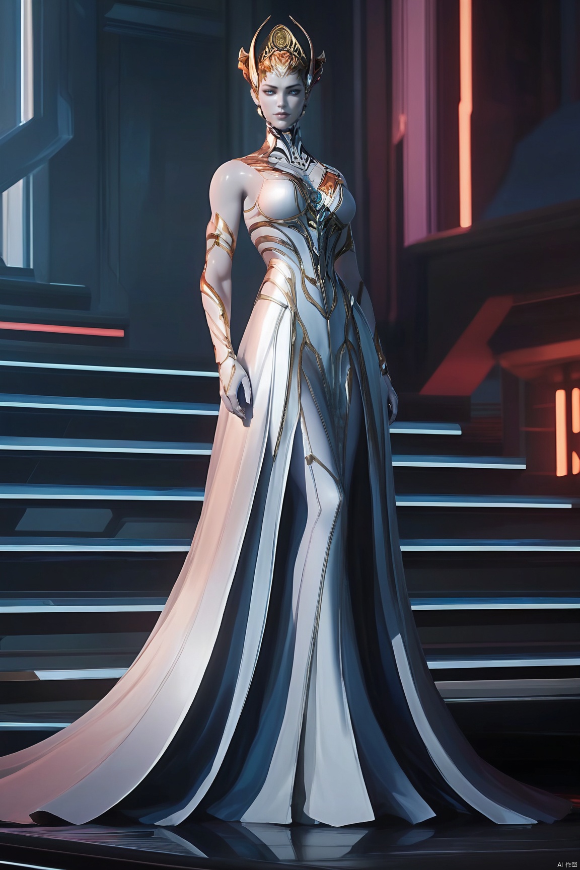 score_9_up,score_8_up,score_7_up,(Masterpiece, Best Quality, High Resolution, 8K Raw),absurdres, highres, Expressiveh, armor,science fiction,
1girl, solo, dress, jewelry, standing, full body, colored skin, stairs, grey skin
