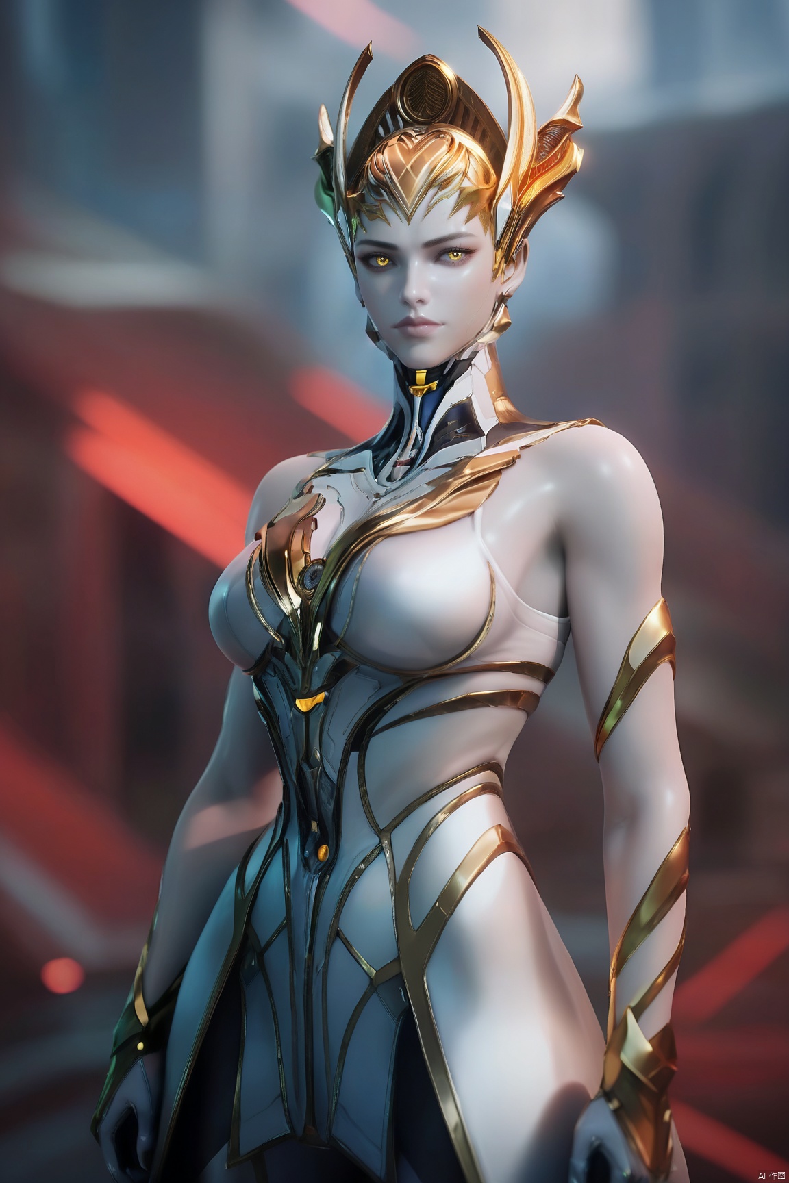 score_9_up,score_8_up,score_7_up,(Masterpiece, Best Quality, High Resolution, 8K Raw),absurdres, highres, Expressiveh, armor,science fiction,
1girl, solo, breasts, looking at viewer, bare shoulders, medium breasts, yellow eyes, colored skin, grey skin