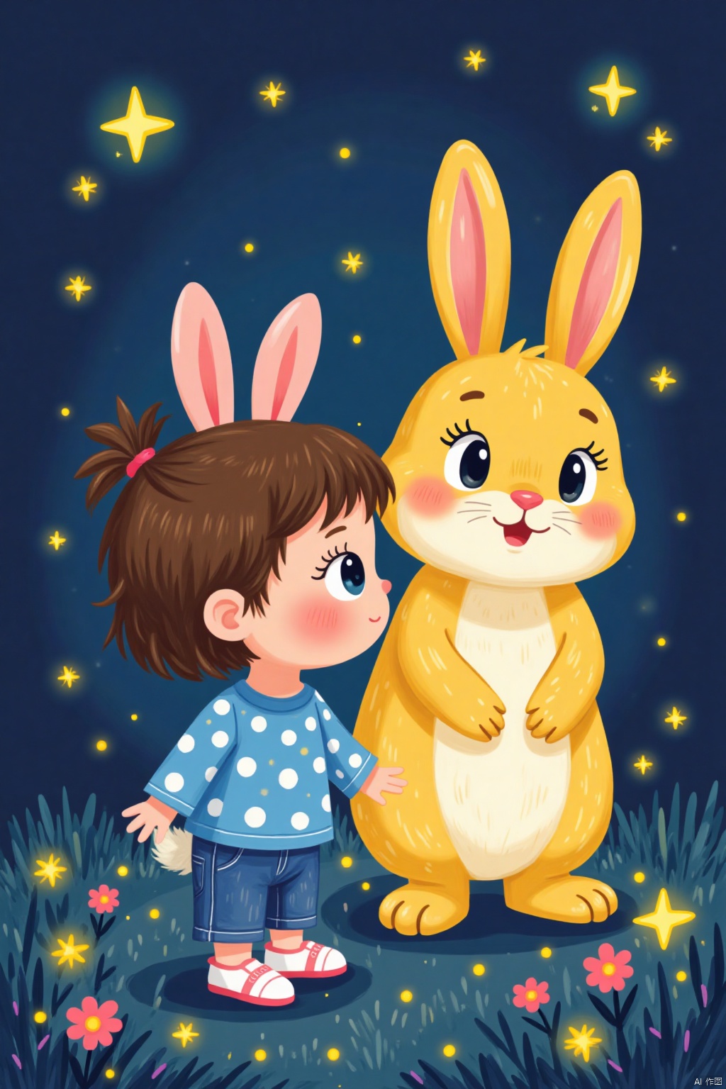 An animated image of a little girl standing in front of a big yellow rabbit. The rabbit faces to the right of the image. This girl is wearing a blue shirt with white polka dots and blue jeans. Her hair is brown and very short. Her shoes are pink and white. Her eyes are black and her mouth is slightly open. Her ears perked up. The background is dark blue. There are yellow stars in the background.