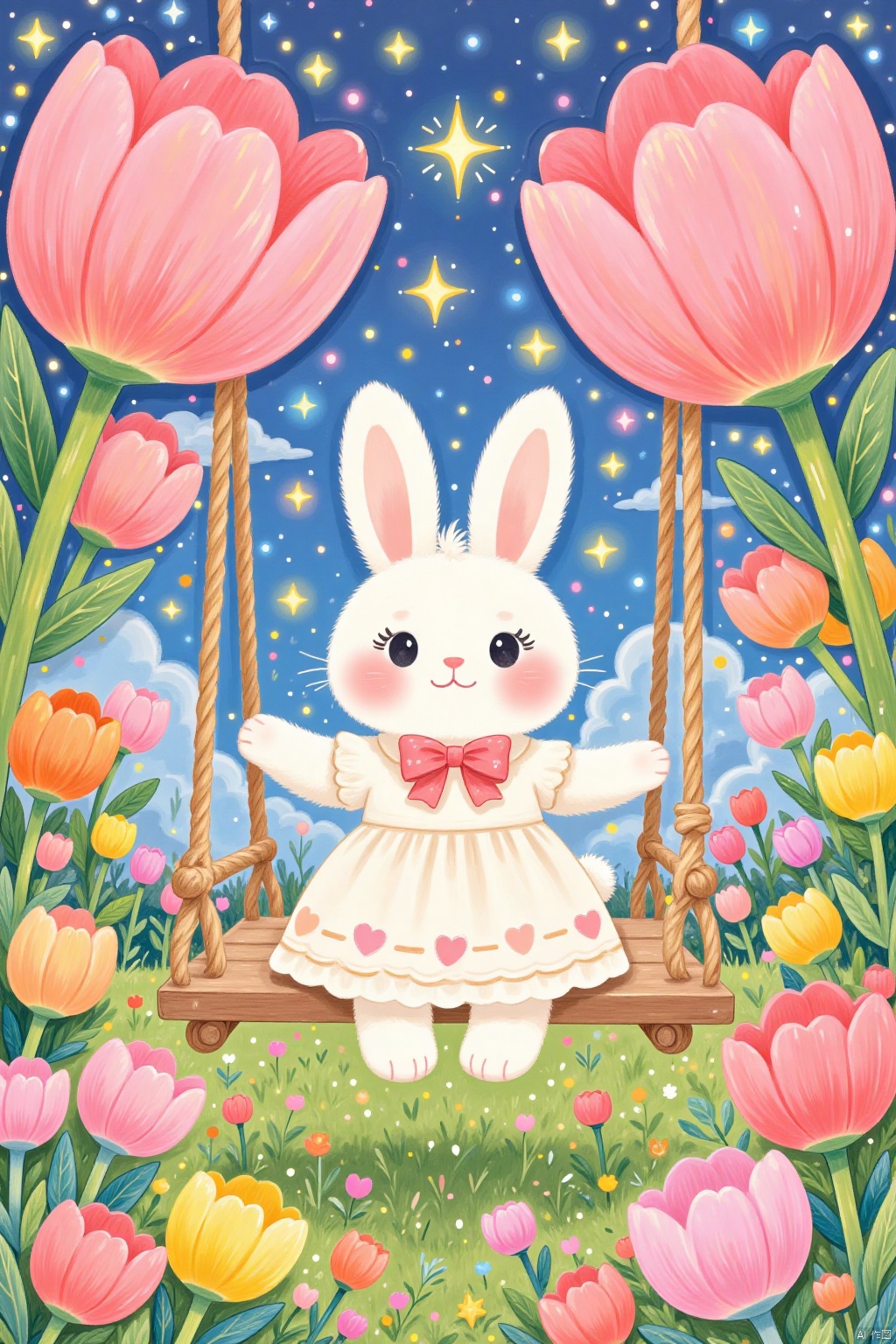 cartoon illustration,This is a whimsical cartoon hand-drawn digital illustration,Cute little bunny, dressed in a white Lolita dress with a pink bow, sitting on a swing with a huge tulip flower, surrounded by big tulips, stars, clouds, stars,,cartoon illustration,
